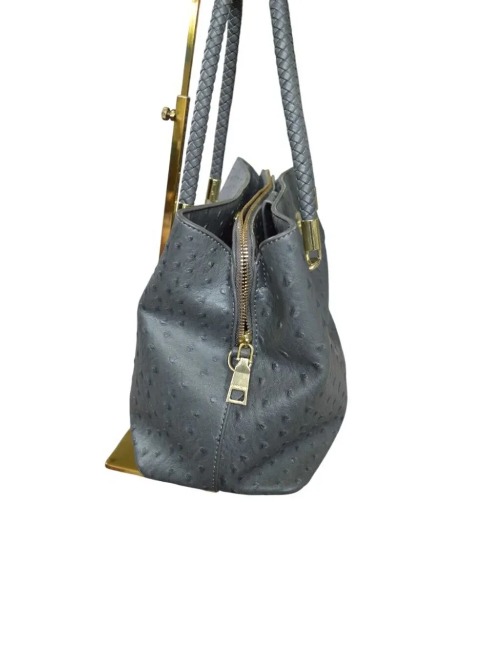 Bebe Jackie Ostrich Grey Satchel Bag Purse Braided Handles Crossbody Strap Gold
